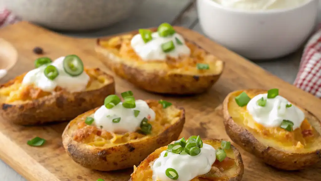 Crispy air fryer baked potato skins filled with creamy cottage cheese, topped with fresh chives and a sprinkle of paprika, ready to serve as a healthy snack.