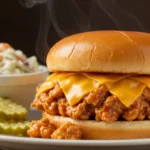 Sloppy Joe sandwich with melted cheese, served with pickles and a side of coleslaw.
