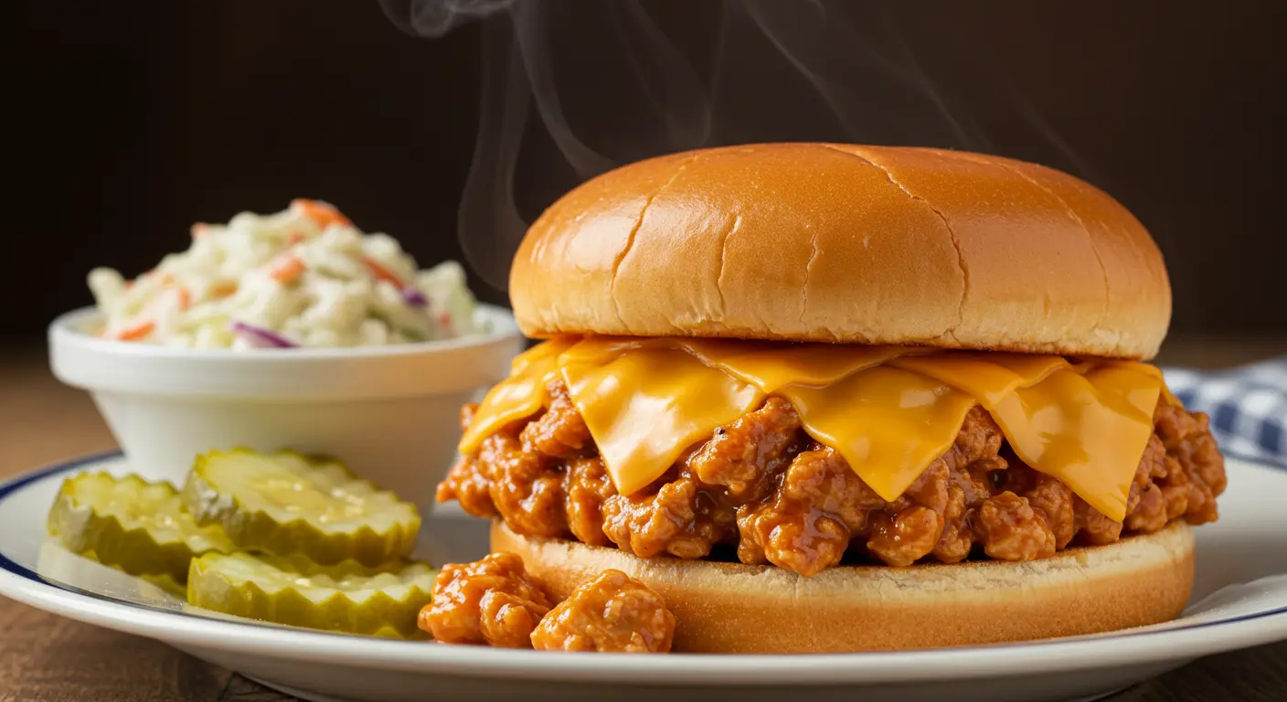 Sloppy Joe sandwich with melted cheese, served with pickles and a side of coleslaw.