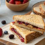 A peanut butter and jelly sandwich on sesame seed bread, served on a wooden board with fresh strawberries, blackberries, and a glass of milk.