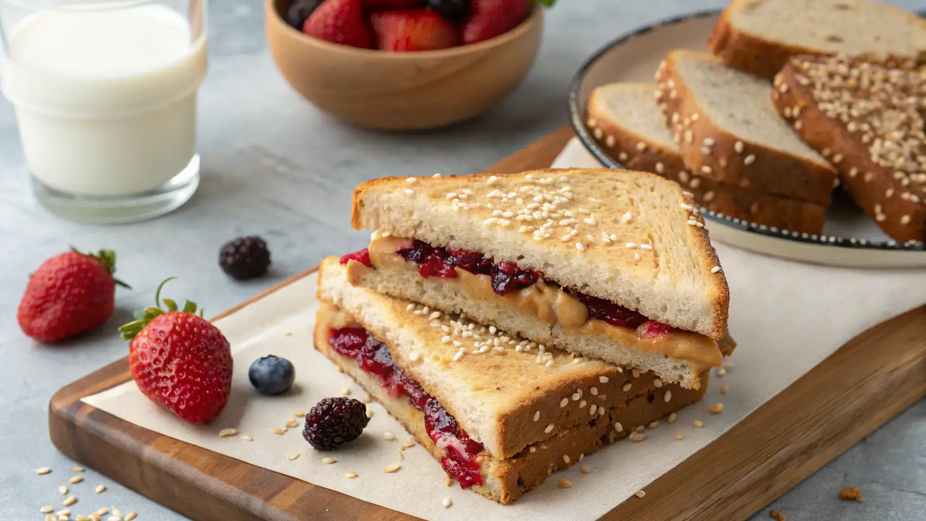 A peanut butter and jelly sandwich on sesame seed bread, served on a wooden board with fresh strawberries, blackberries, and a glass of milk.