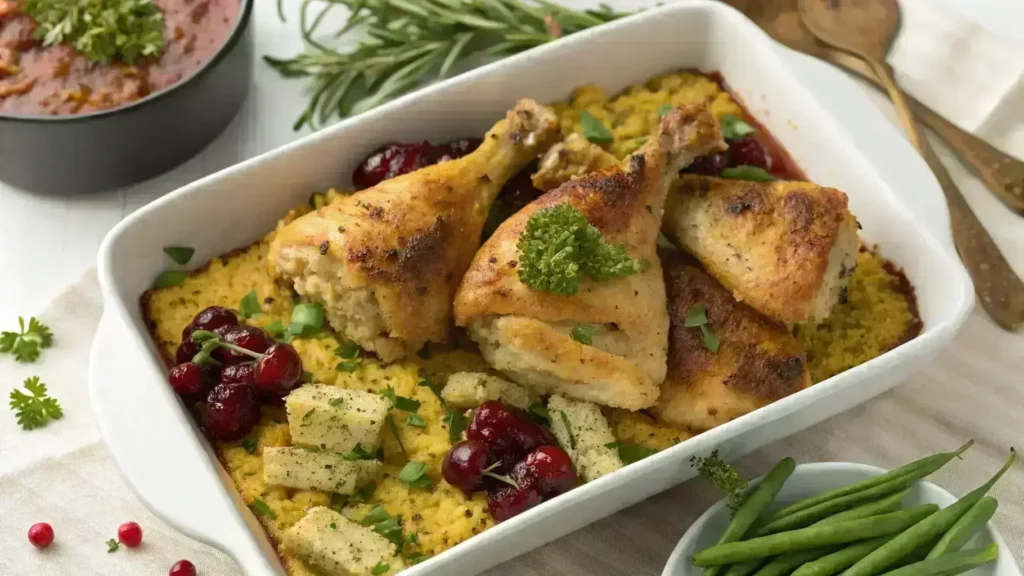 Baked chicken with golden cornbread stuffing, garnished with parsley and cranberries.