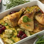 Baked chicken with golden cornbread stuffing, garnished with parsley and cranberries.