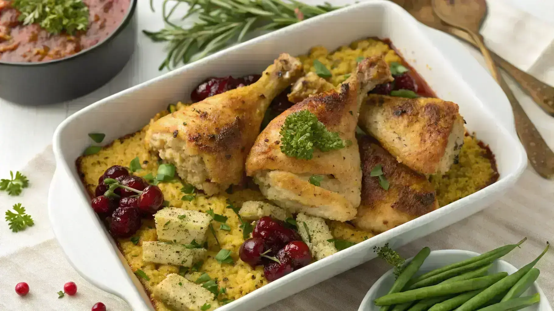 Baked chicken with golden cornbread stuffing, garnished with parsley and cranberries.