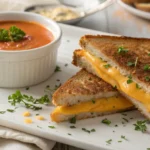 Grilled cheese sandwich with melted cheddar and a bowl of tomato soup garnished with fresh parsley.