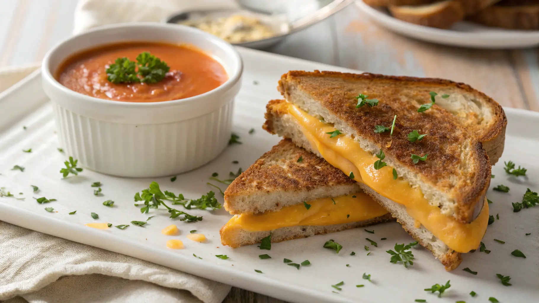 Grilled cheese sandwich with melted cheddar and a bowl of tomato soup garnished with fresh parsley.