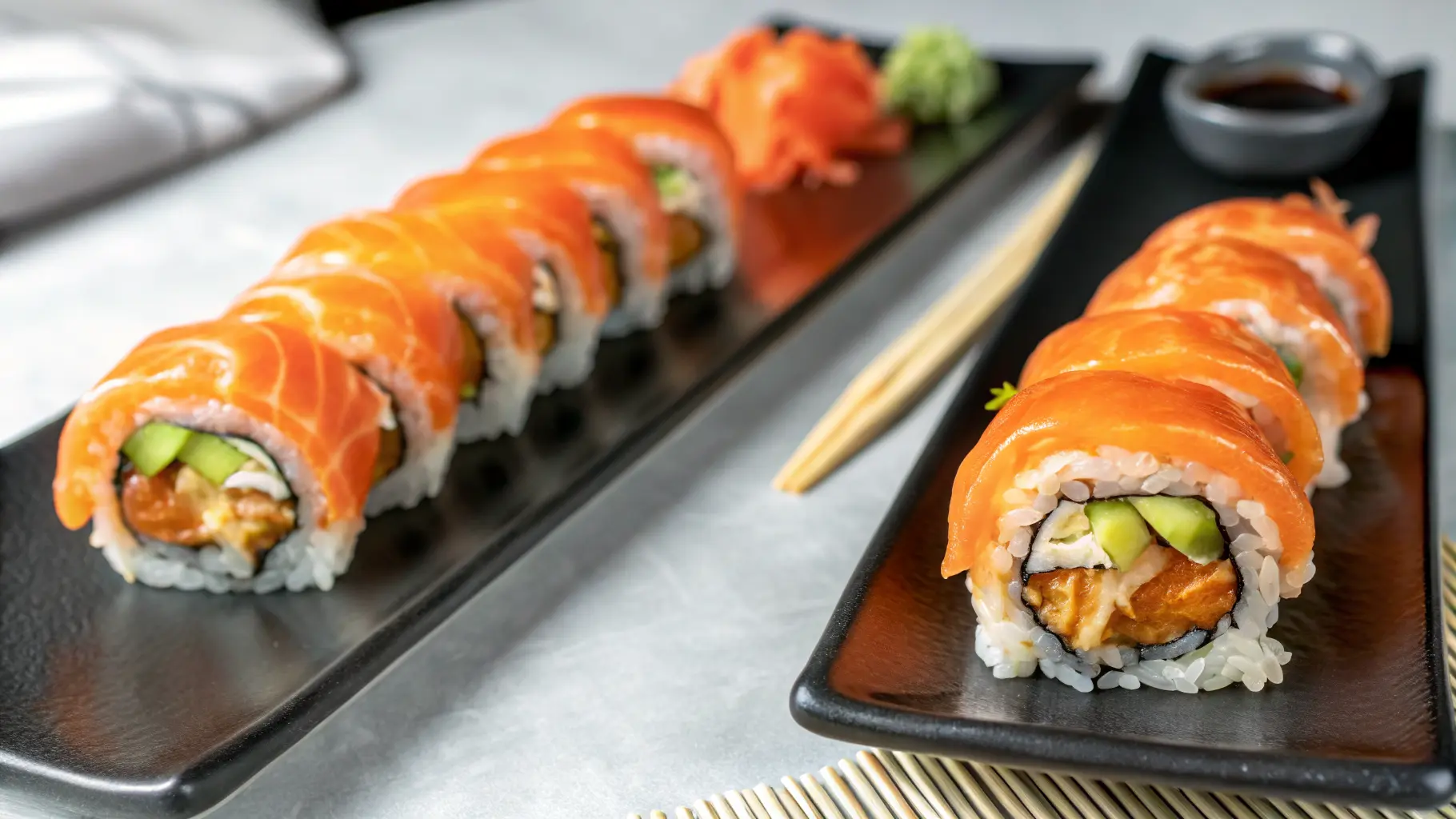 Close-up of fresh salmon sushi rolls served on black plates with chopsticks, soy sauce, wasabi, and pickled ginger on the side.