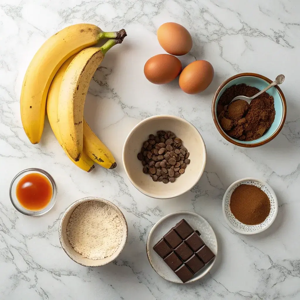 Top-down view of baking ingredients including bananas, eggs, cocoa powder, chocolate, vanilla extract, and flour on a marble countertop.