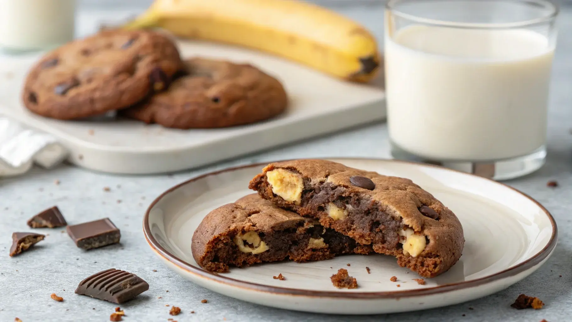 Freshly baked chocolate chip cookies with banana chunks, served with a glass of milk on a rustic table.