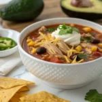 Hearty chicken taco soup with beans, corn, tomatoes, and shredded chicken in a bowl, garnished with cheese and cilantro.