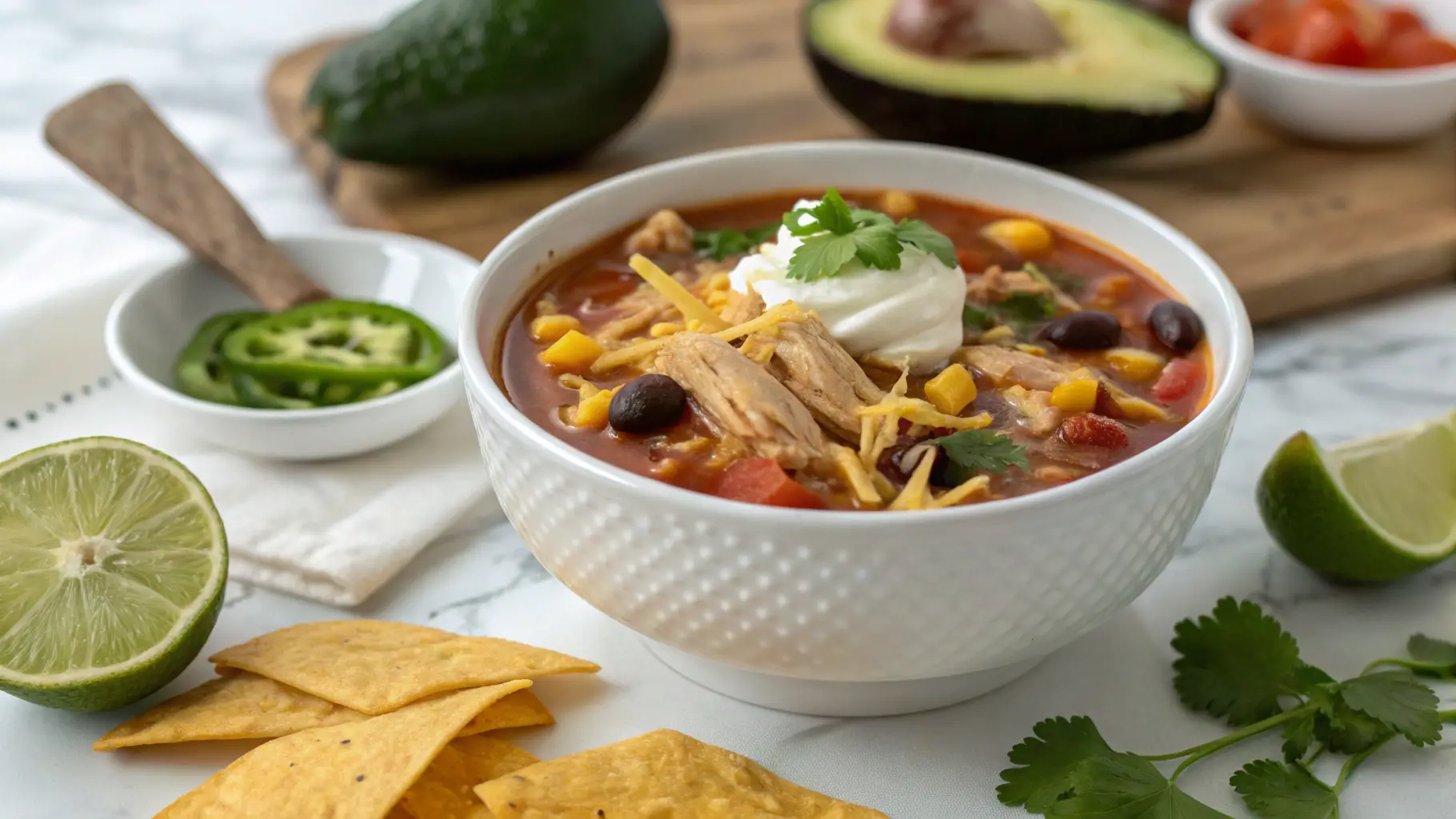 Hearty chicken taco soup with beans, corn, tomatoes, and shredded chicken in a bowl, garnished with cheese and cilantro.