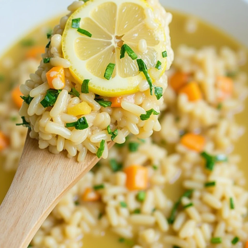 A steaming bowl of lemon chicken and rice soup made with pantry staples, garnished with fresh parsley and lemon slices.