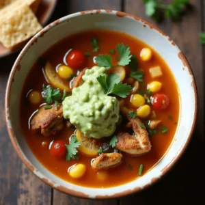 A hearty bowl of Spark Recipes Chicken Taco Soup with shredded chicken, black beans, corn, and toppings like cheese, sour cream, and cilantro.