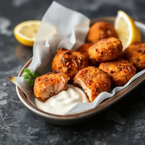 Golden crispy fried salmon bites served on a platter with lemon wedges and a side of dipping sauce.