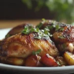 Crispy oven-braised chicken thighs served with roasted vegetables and garnished with fresh herbs on a white plate.