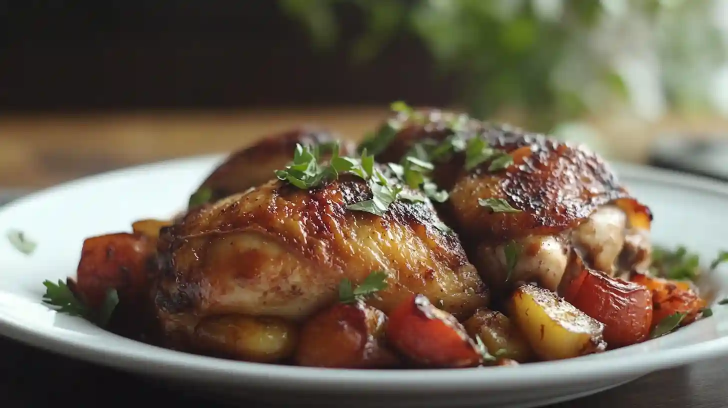 Crispy oven-braised chicken thighs served with roasted vegetables and garnished with fresh herbs on a white plate.