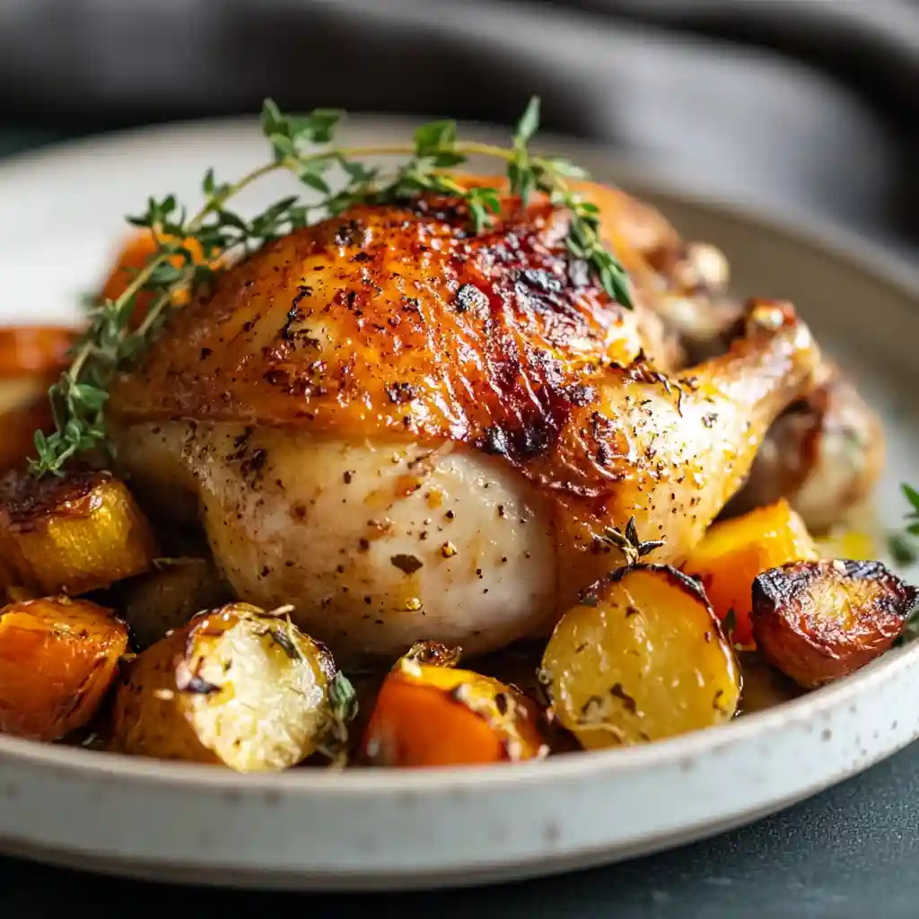Crispy oven-braised chicken leg quarter with golden roasted carrots and potatoes, garnished with fresh thyme on a ceramic plate.