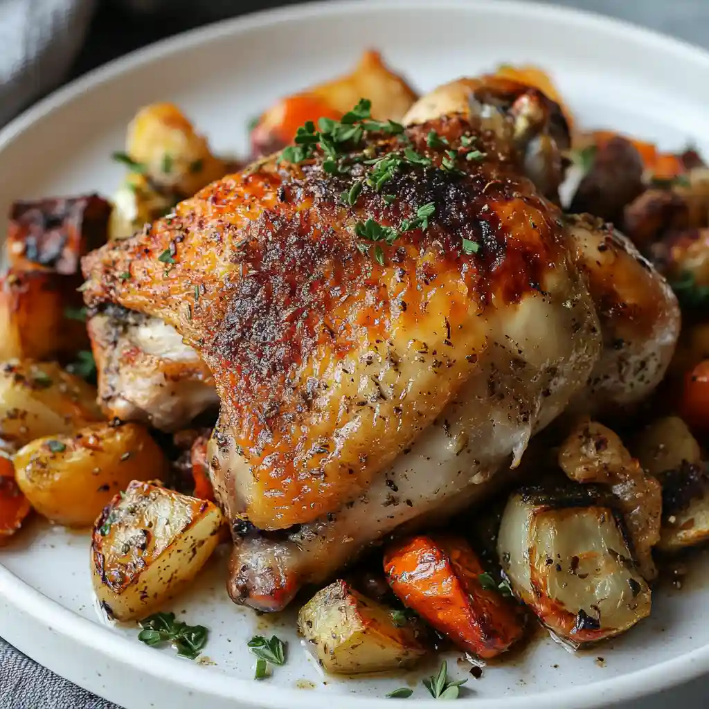 Crispy oven-braised chicken thigh on a plate with roasted potatoes, carrots, and fresh herbs.