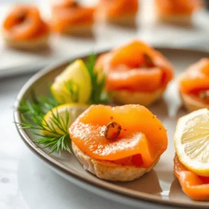 Smoked salmon mini bites elegantly arranged on a serving platter with fresh herbs and a creamy topping.