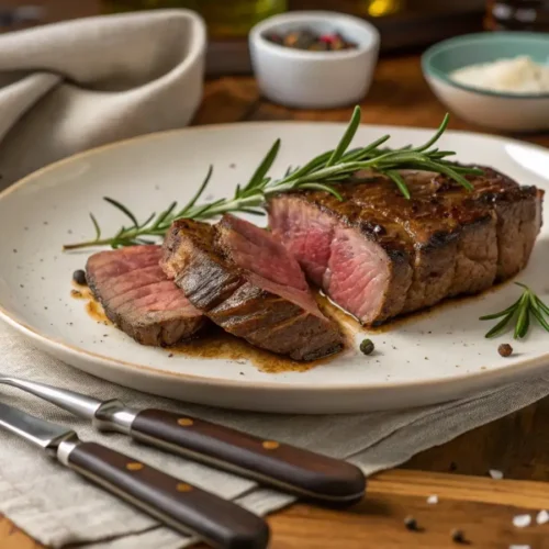 A perfectly cooked Delmonico steak sliced and served on a plate, garnished with fresh rosemary, with a rustic dining setup in the background.