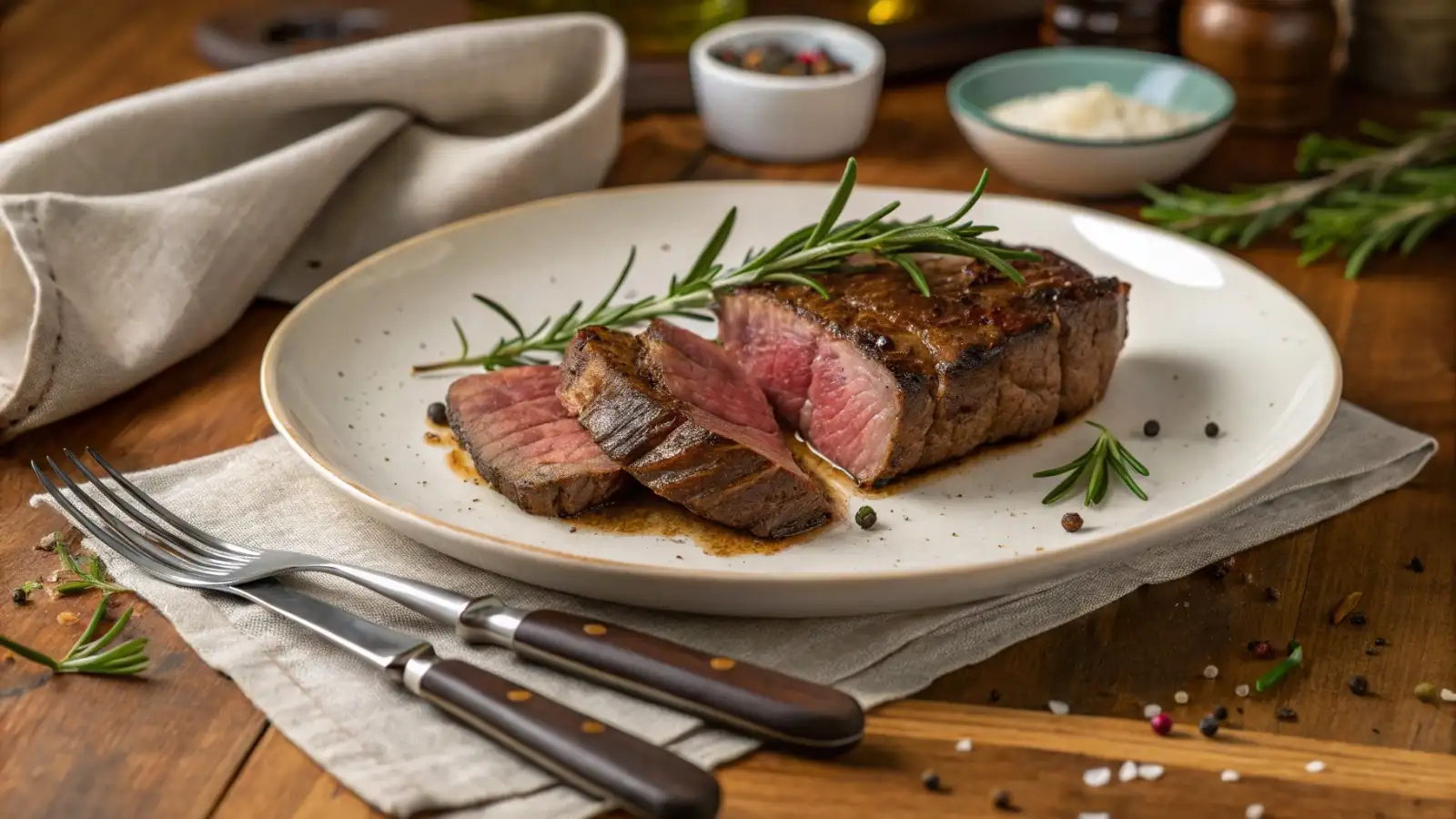 A perfectly cooked Delmonico steak sliced and served on a plate, garnished with fresh rosemary, with a rustic dining setup in the background.