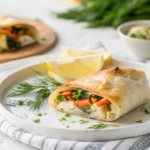 Golden vegetable wrap with fresh herbs and lemon slices on a white plate