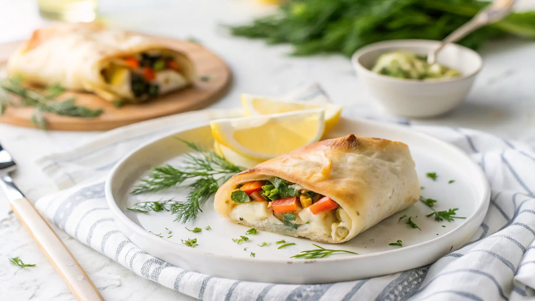 Golden vegetable wrap with fresh herbs and lemon slices on a white plate