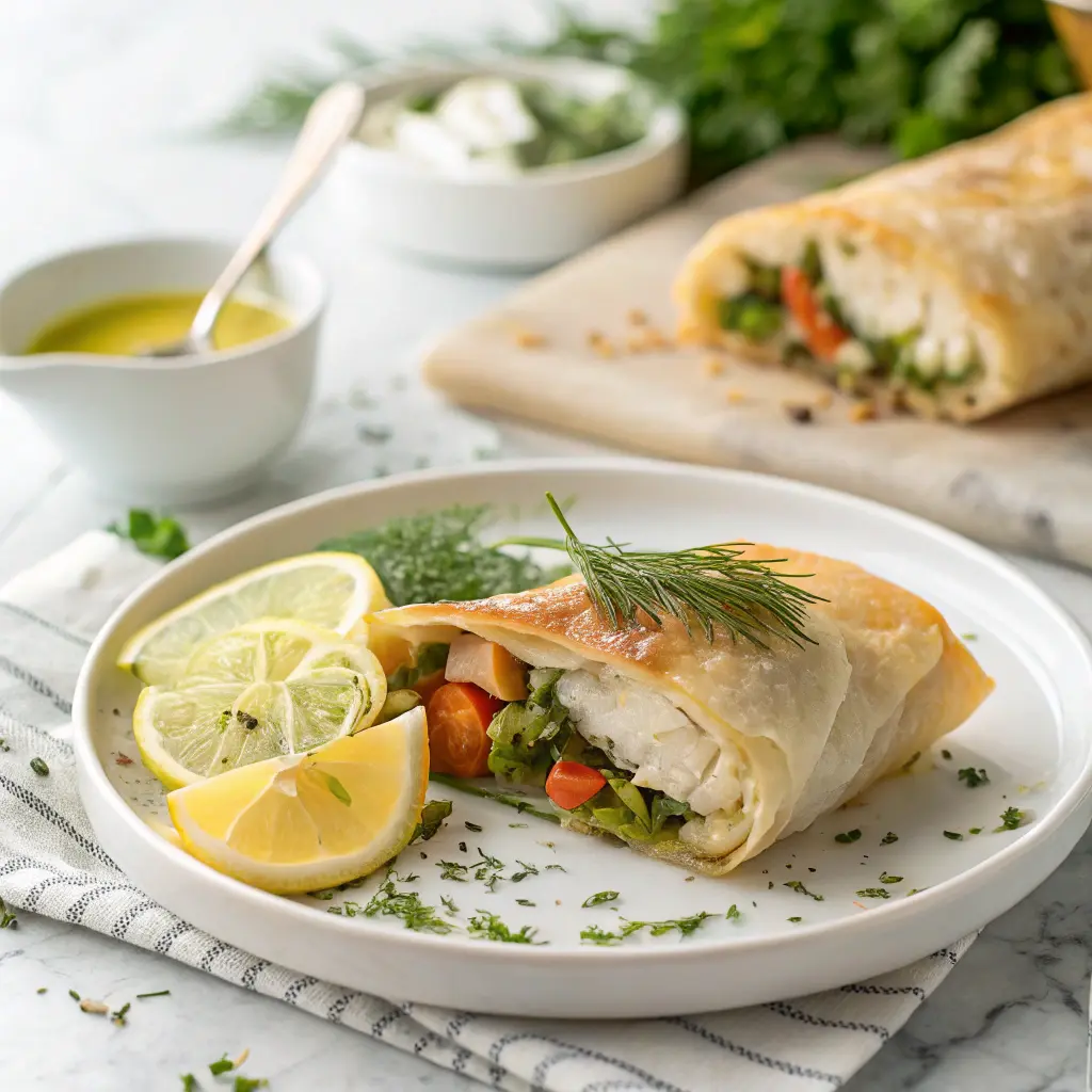 Baked fish and vegetable wrap served with lemon slices and herbs on a white plate.