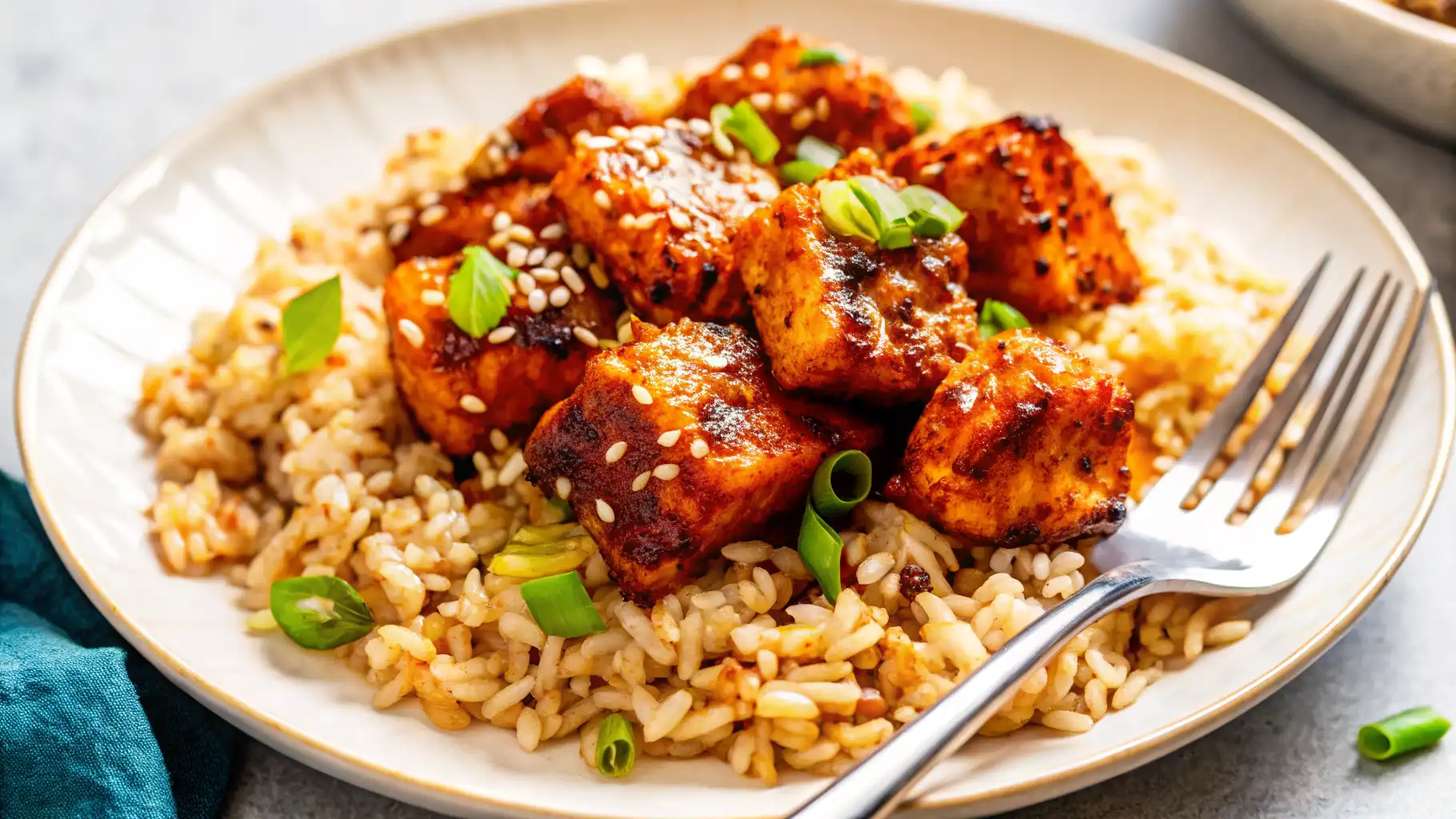 Golden crispy fried salmon bites served on a platter with lemon wedges and a side of dipping sauce.