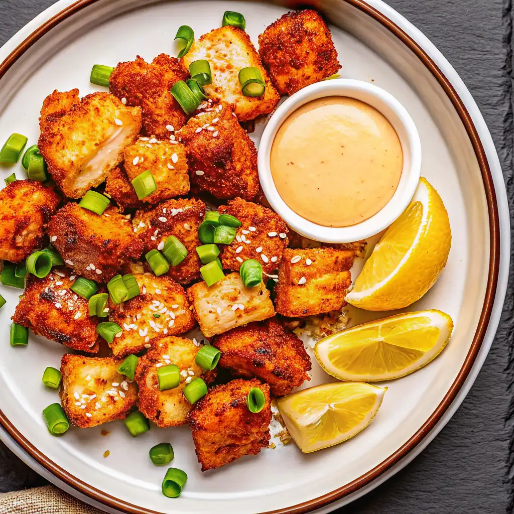 Crispy fried salmon bites served with a tangy dipping sauce and fresh lemon wedges.