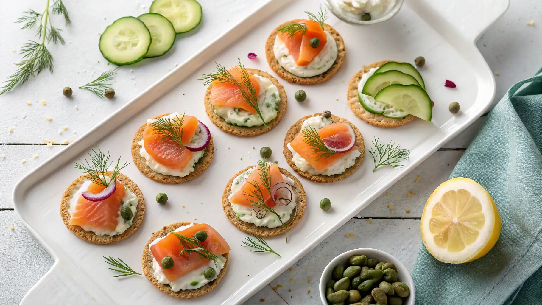 Smoked salmon mini bites elegantly arranged on a serving platter with fresh herbs and a creamy topping.