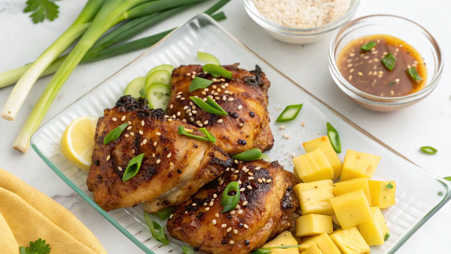 A top-down view of grilled Hawaiian BBQ chicken thighs, garnished with fresh green onions and sesame seeds, served alongside chunks of fresh pineapple and a drizzle of coconut glaze.