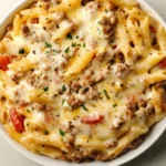 A top-down view of cheesy ground chicken pasta with penne, tomatoes, and herbs in a white bowl.