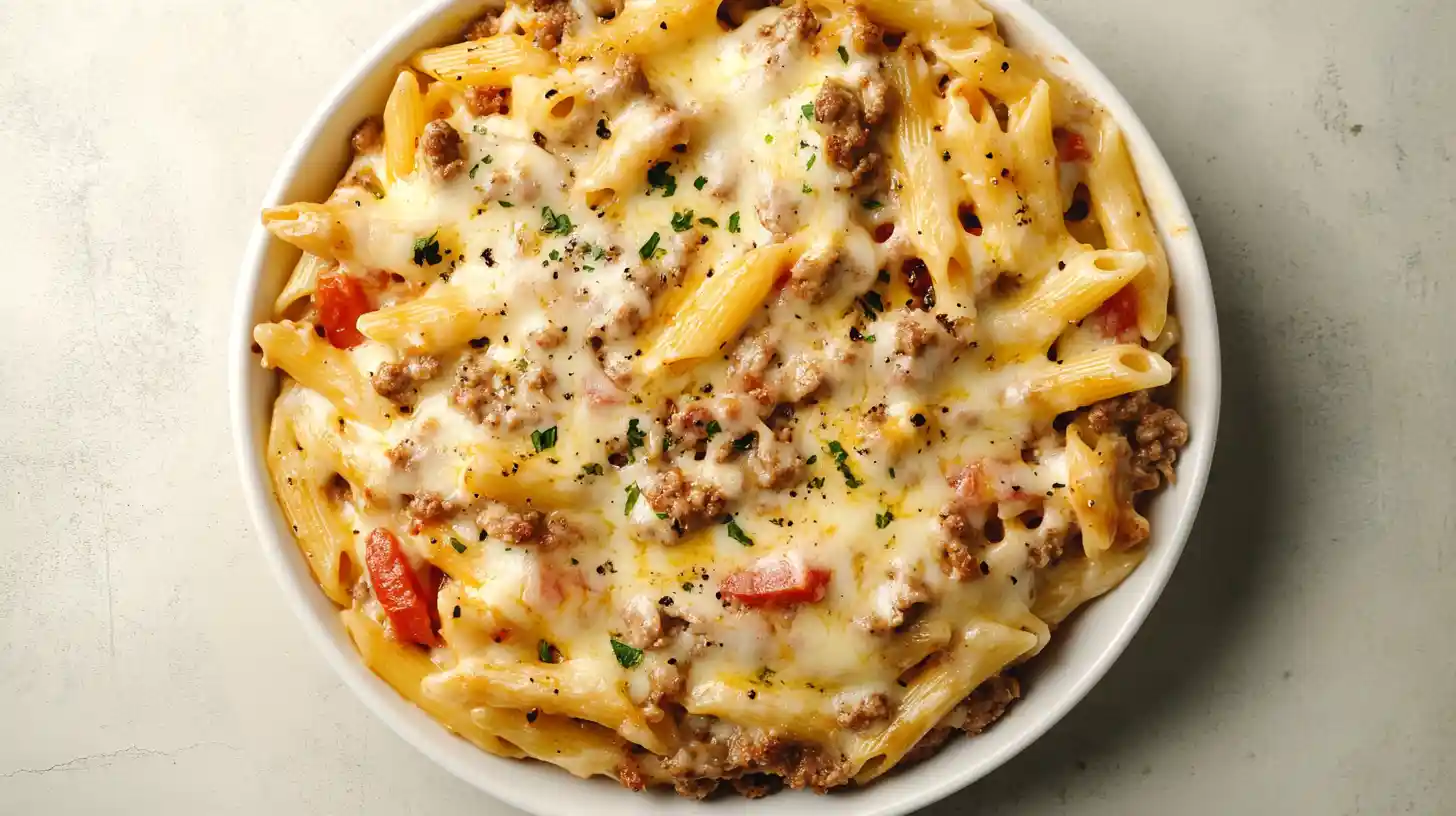 A top-down view of cheesy ground chicken pasta with penne, tomatoes, and herbs in a white bowl.