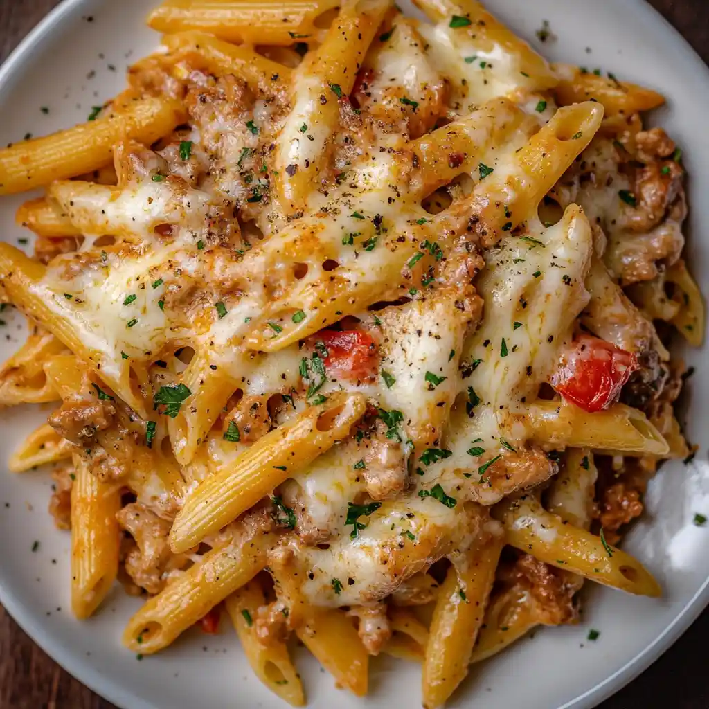Cheesy ground chicken pasta in a skillet with melted cheese, tomatoes, and penne pasta, garnished with herbs.
