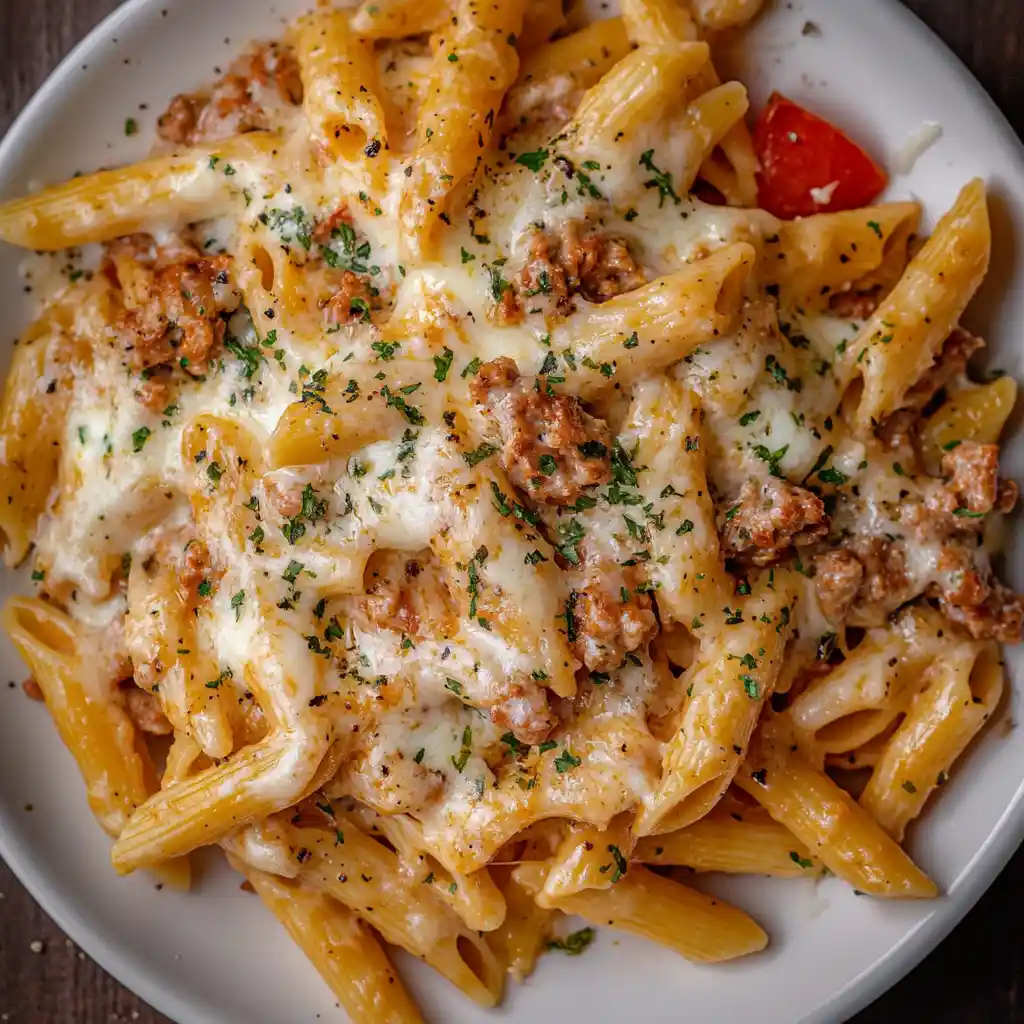A bowl of one-skillet cheesy ground chicken pasta with melted cheese, penne, ground chicken, and tomatoes, garnished with herbs.