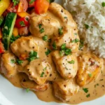 Chicken Ala Gogo in creamy sauce served with white rice and sautéed vegetables on a white plate.