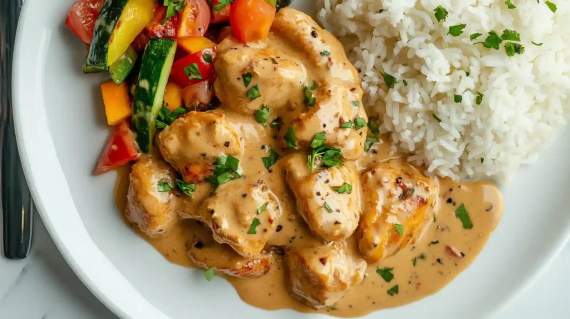 Chicken Ala Gogo in creamy sauce served with white rice and sautéed vegetables on a white plate.