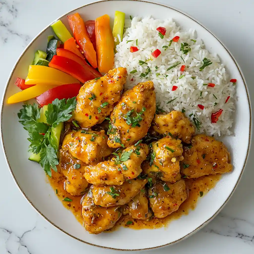 Chicken Ala Gogo served with rice and colorful sautéed vegetables.