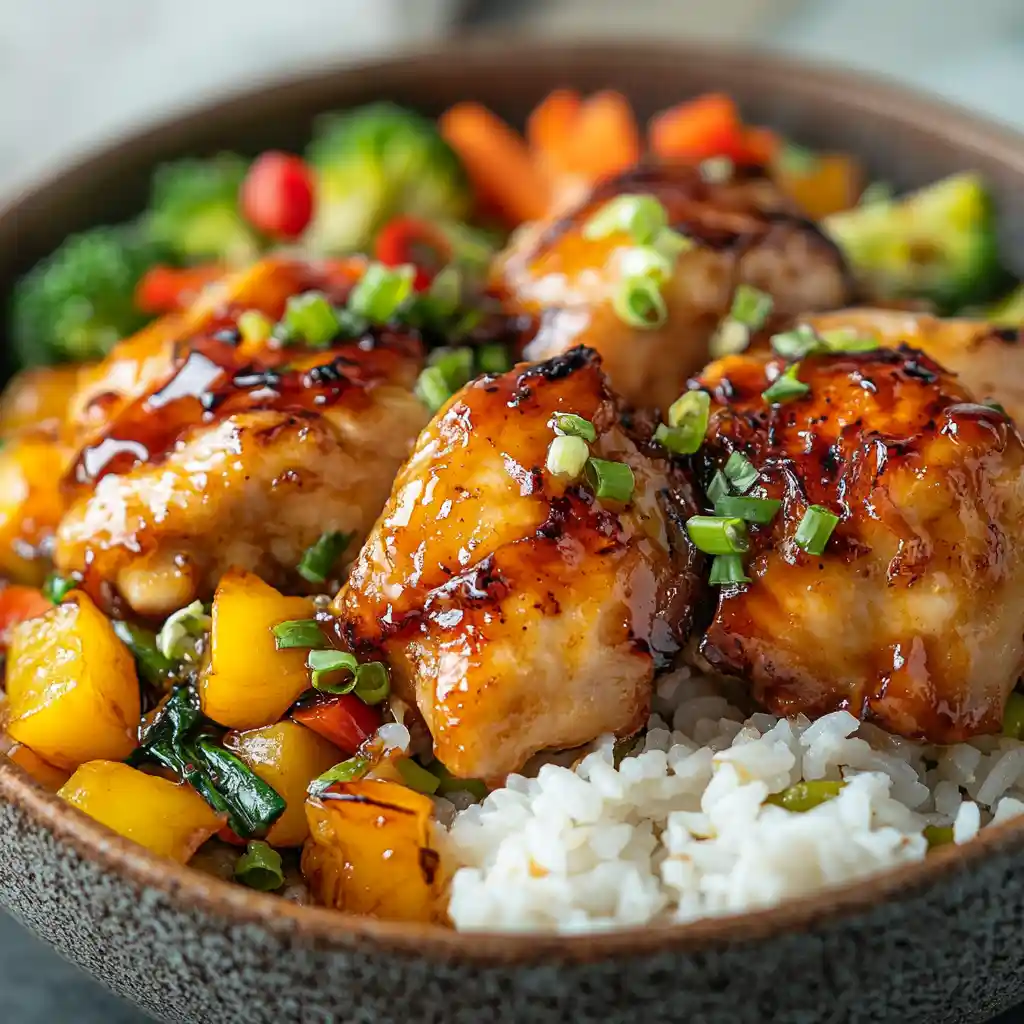 Glazed Chicken Ala Gogo served with rice and sautéed vegetables in a bowl.