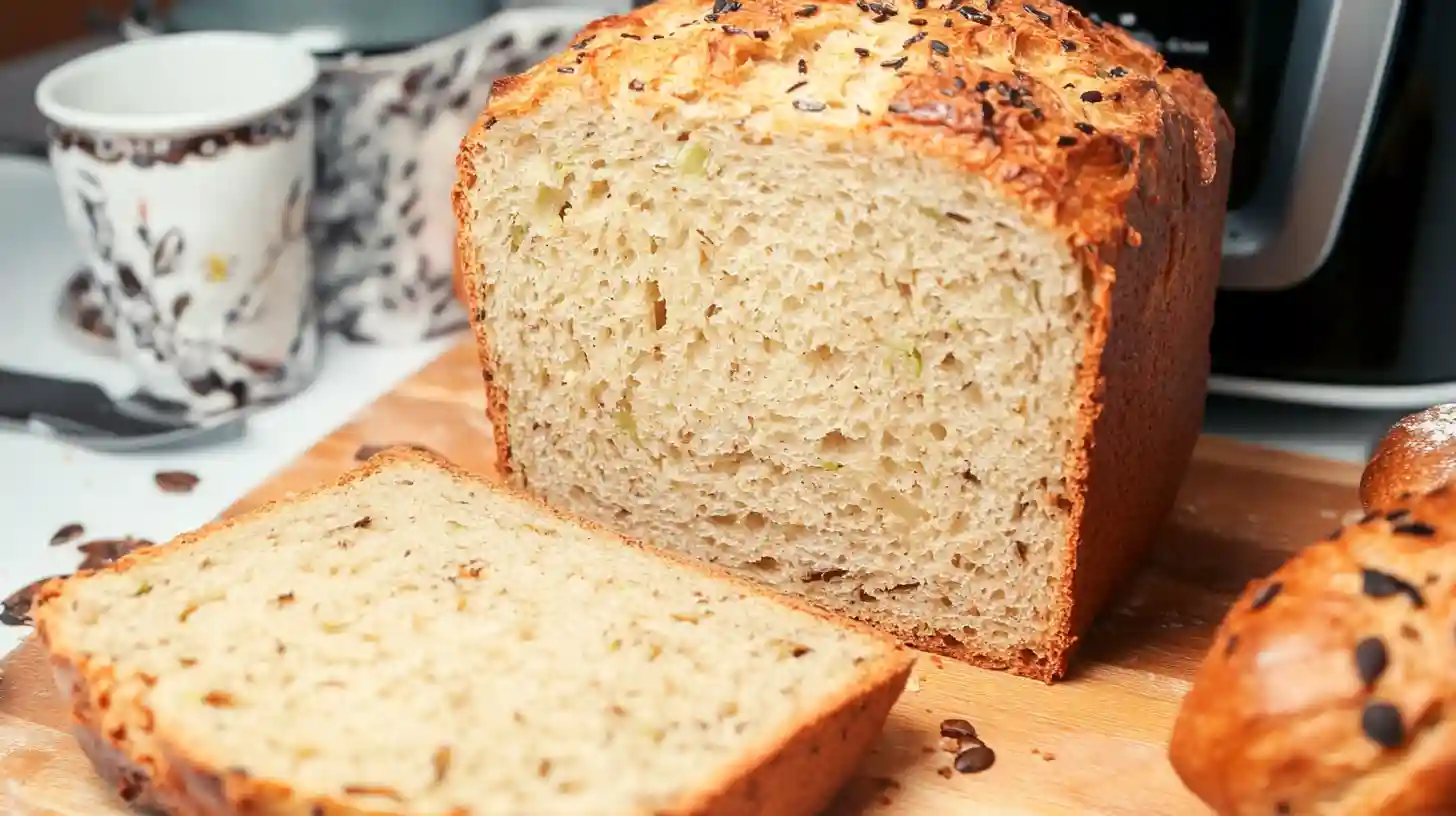 Freshly baked multigrain loaf made using Dave's Killer Bread Maker, with a soft interior and a golden crust.