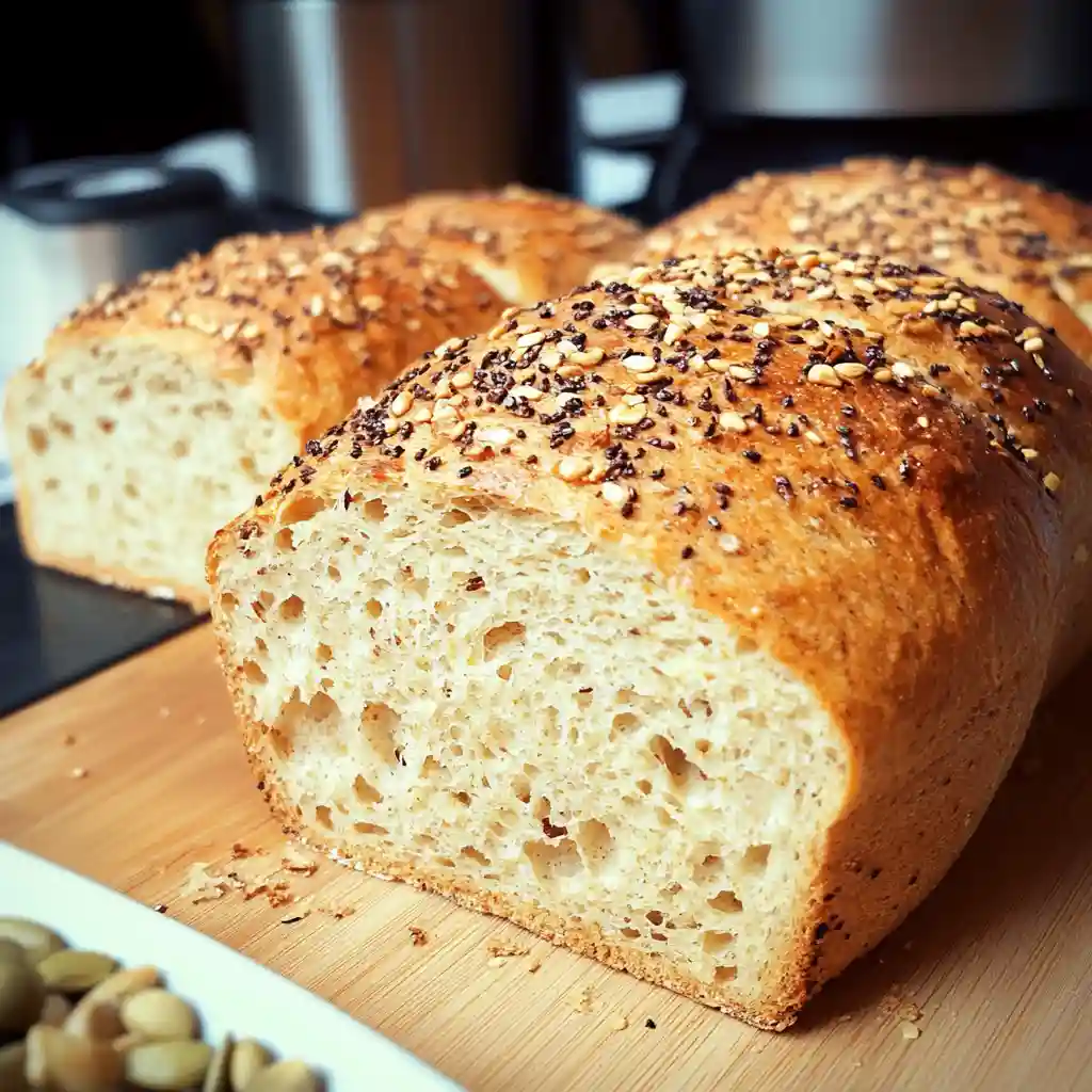 Sliced loaf of homemade multigrain bread with seeds on top.