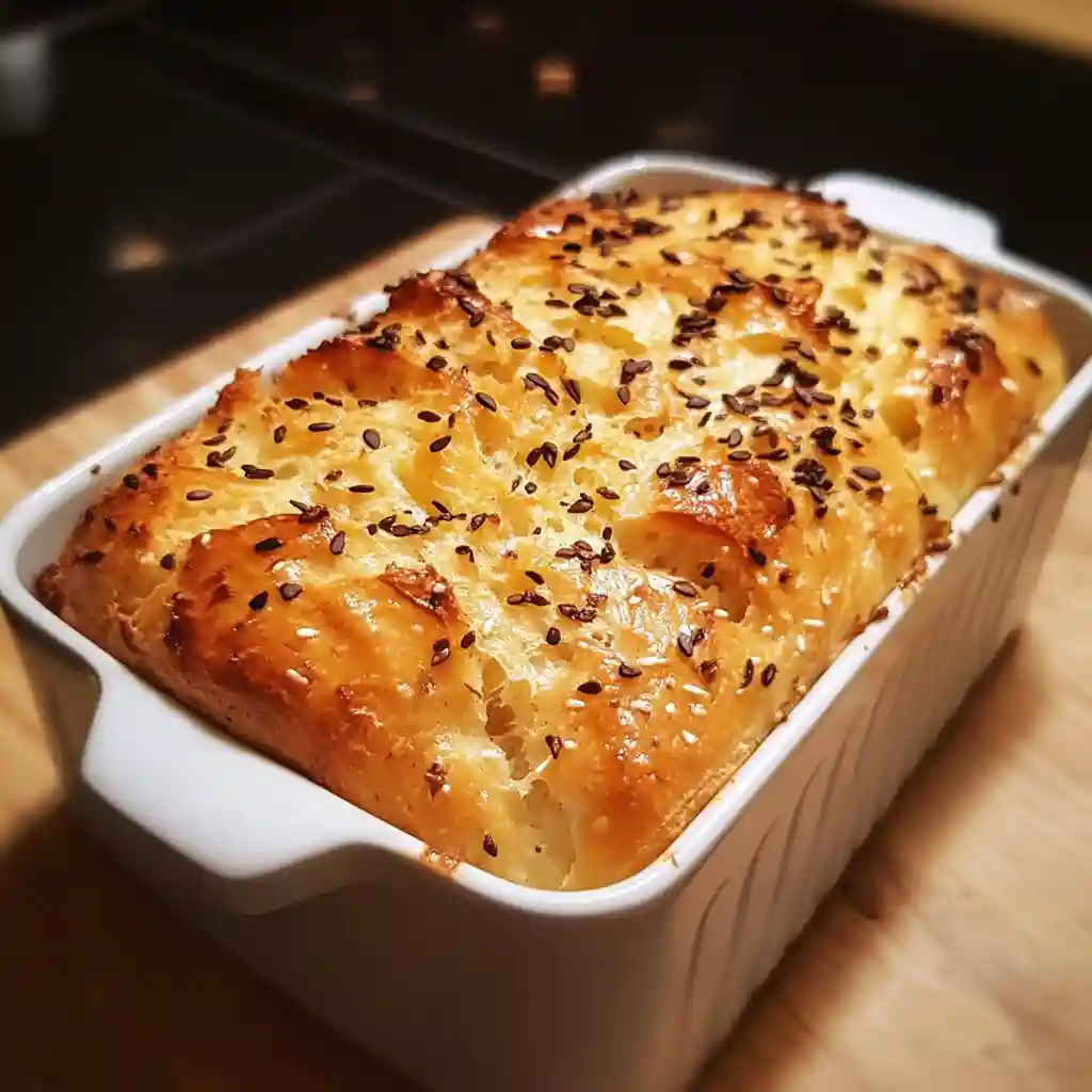 Freshly baked golden loaf topped with seeds in a white ceramic dish, made using a bread maker.