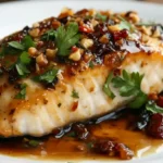 Glazed fish fillet topped with dried fruit, nuts, and fresh herbs on a white plate.