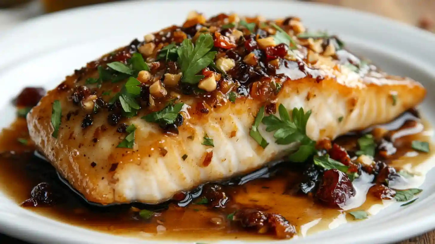 Glazed fish fillet topped with dried fruit, nuts, and fresh herbs on a white plate.