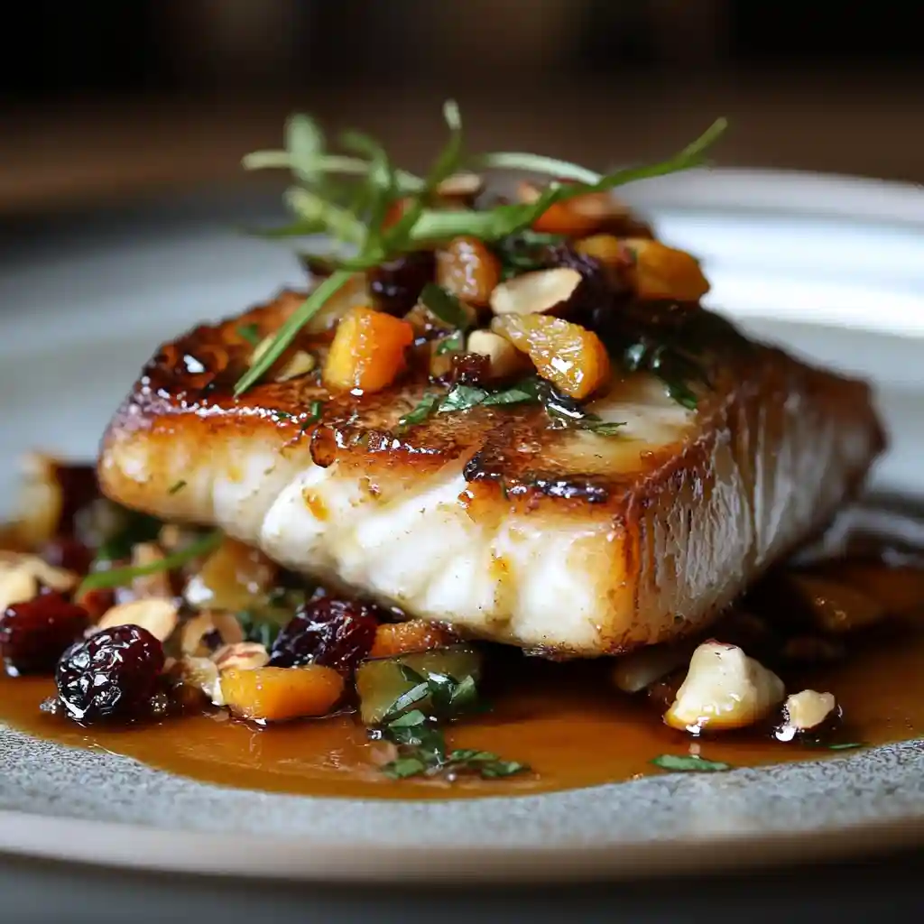 Seared fish fillet topped with glazed dried fruits, nuts, and herbs on a ceramic plate.