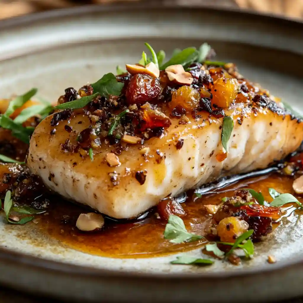 Close-up of a seared fish fillet topped with glazed dried fruits, chopped nuts, and herbs on a rustic plate.