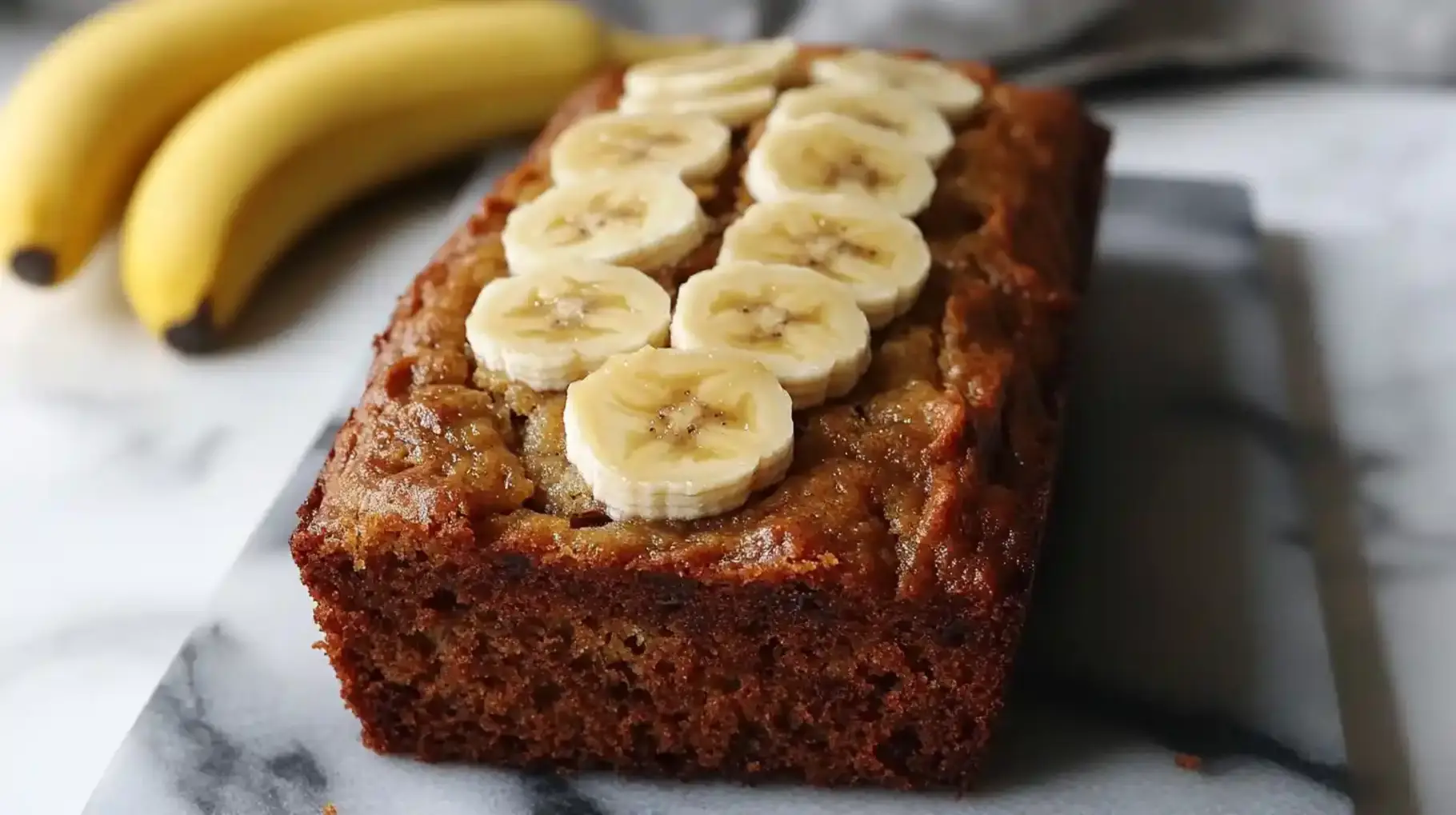 Moist banana bread with cottage cheese and fresh banana slices on top