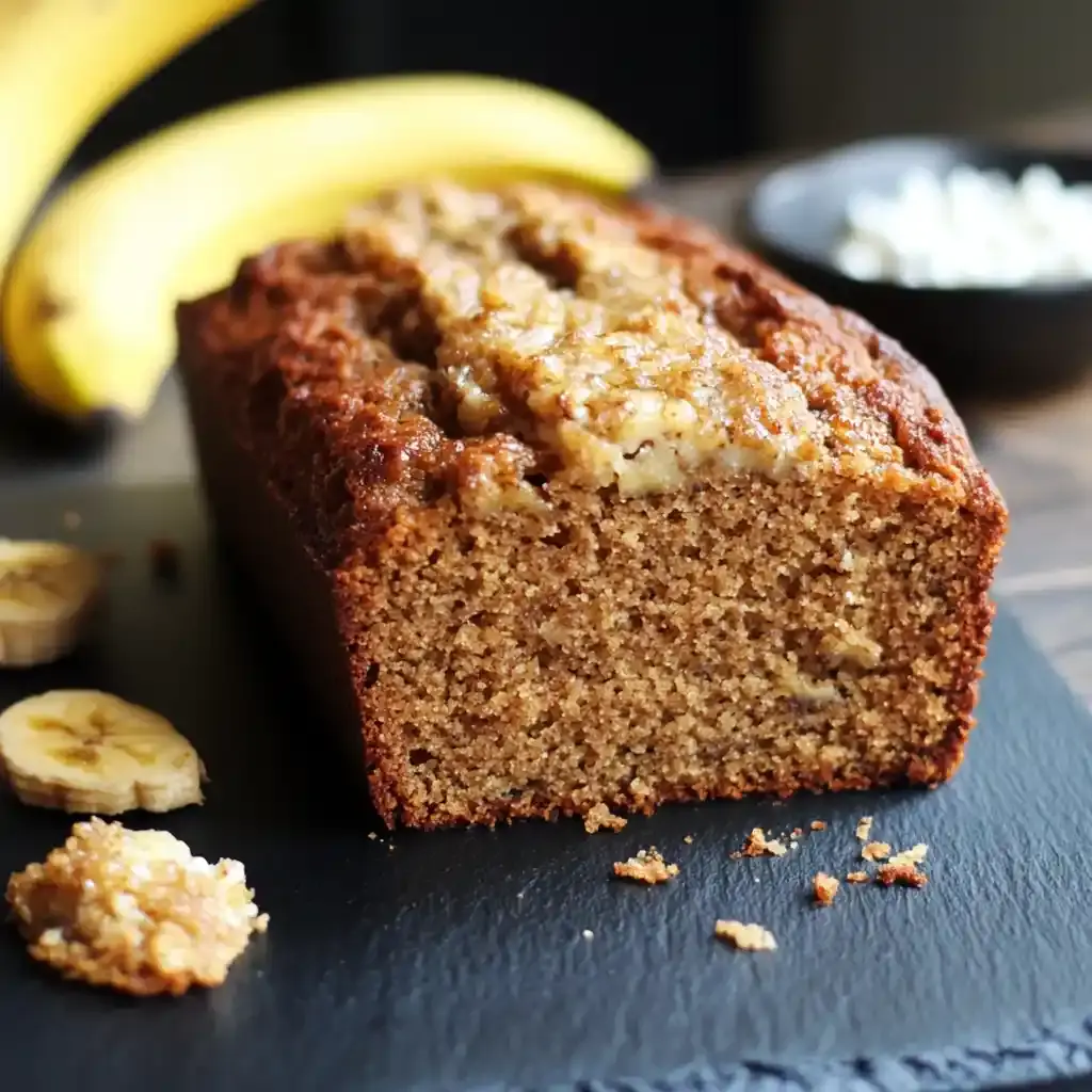 Sliced banana bread loaf made with cottage cheese and ripe bananas