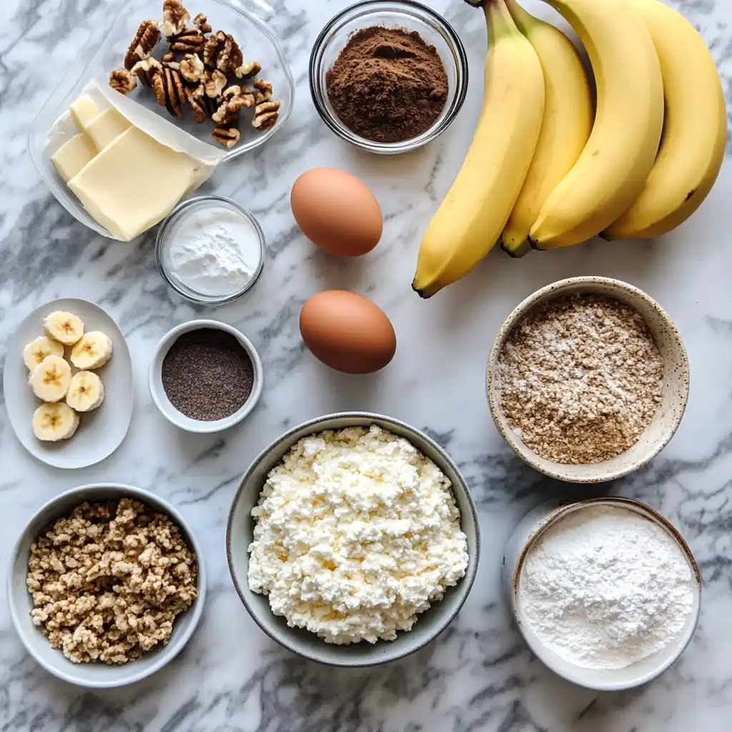 Banana bread ingredients including cottage cheese, eggs, bananas, and flour